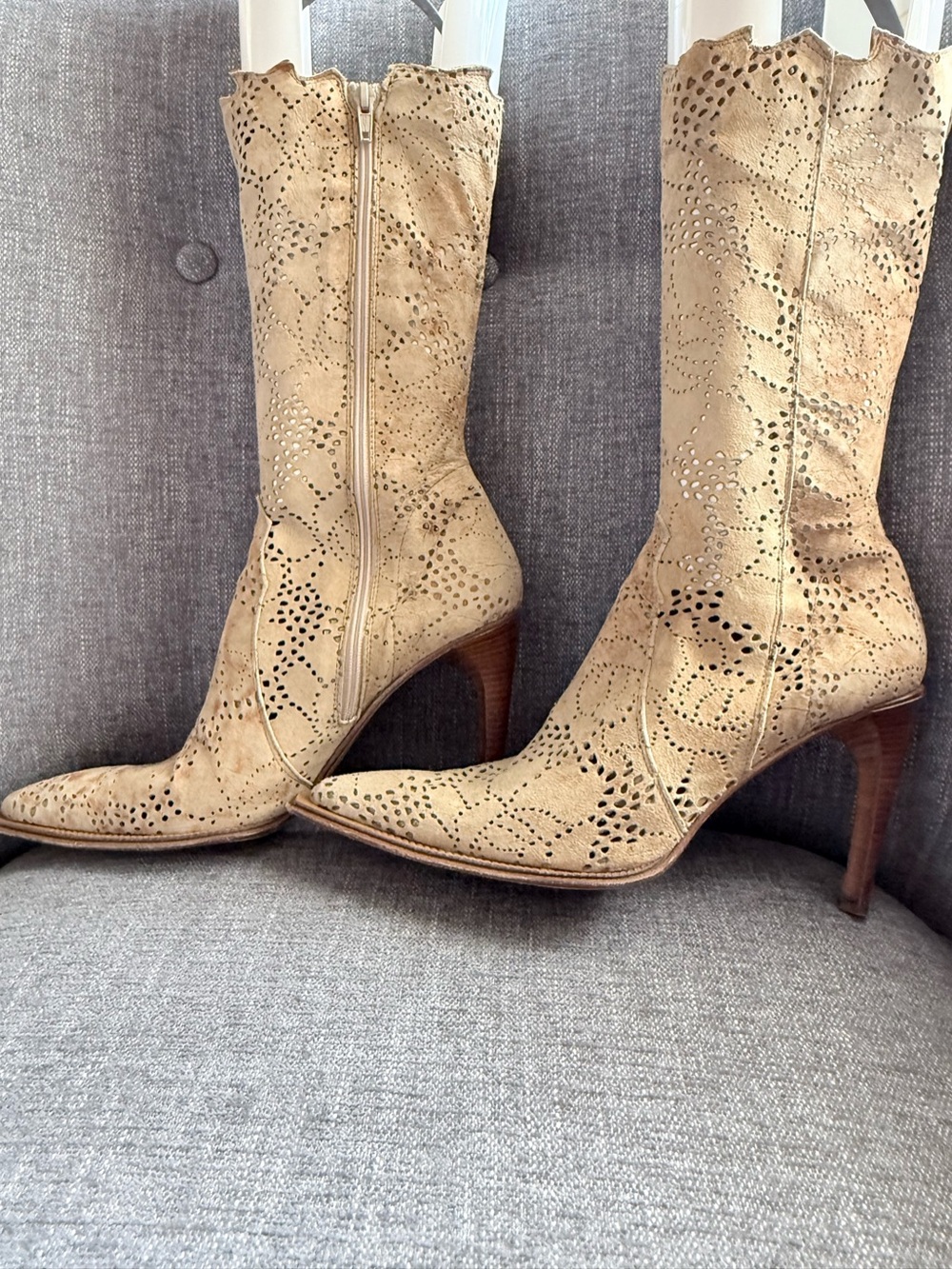 Italian leather Pointed Suede Ankle Booties with Decorative Perforation in Tan